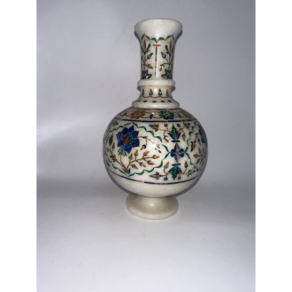 7" White Marble Flower Vase Mosaic Inlay Malachite‎ Table Decor Gift Decor